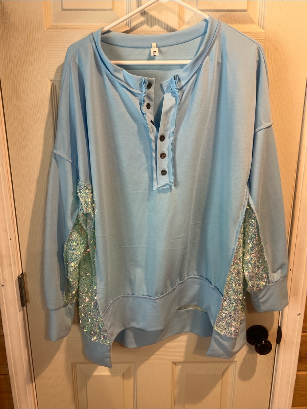 Fashion Brand Company Light Blue Henley Sweatshirt with Sequin Side Panels
